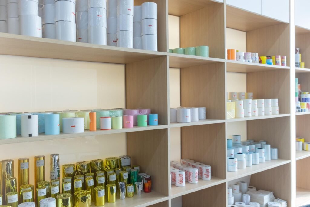 Sample cabinet with paper rolls, labels and thermal transfer ribbons