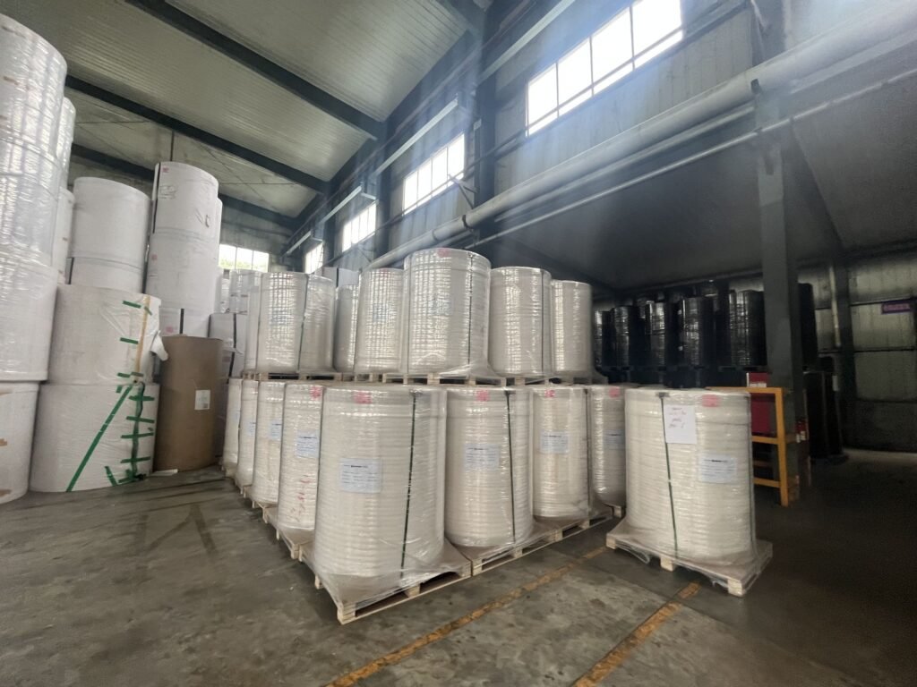 Wrapped jumbo rolls on pallets